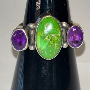 Green mojave turquoise & purple amethyst 925 sterling silver native ring Sz 8